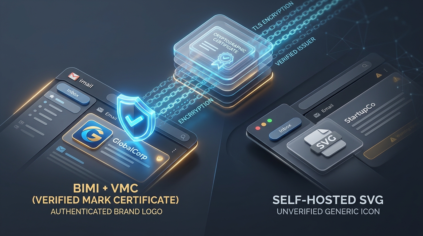 BIMI Verified Mark Certificate shield vs unverified self-hosted SVG brand avatar