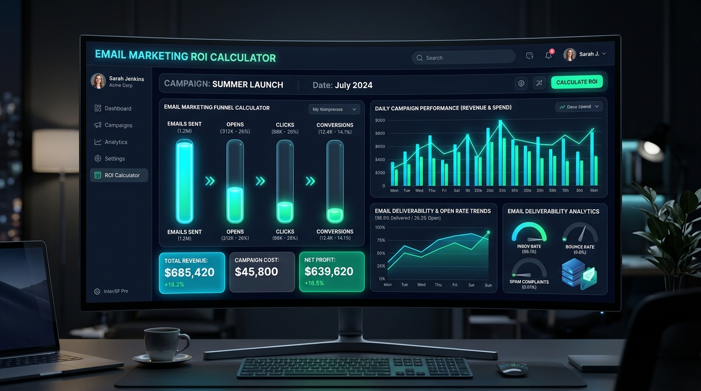 Free Email Marketing ROI Calculator showing visual funnel progress bars, revenue, profit, and RPS analytics