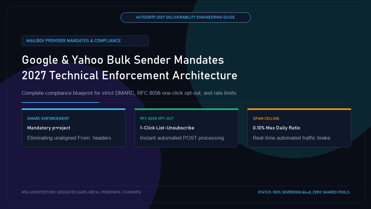 Google and Yahoo Bulk Sender Requirements 2027: DMARC, One-Click Unsubscribe and Spool Pacing