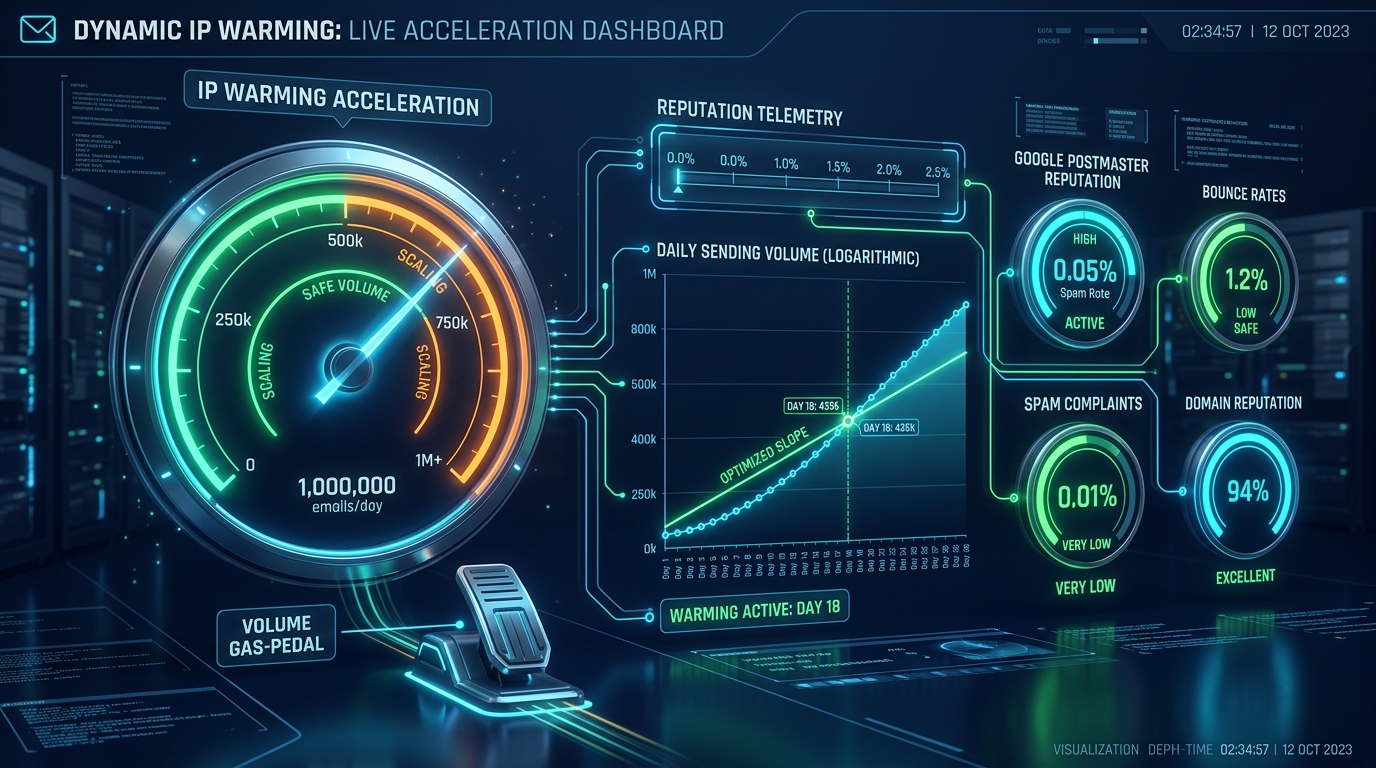 Dynamic IP warming gas-pedal speedometer and reputation telemetry dashboard