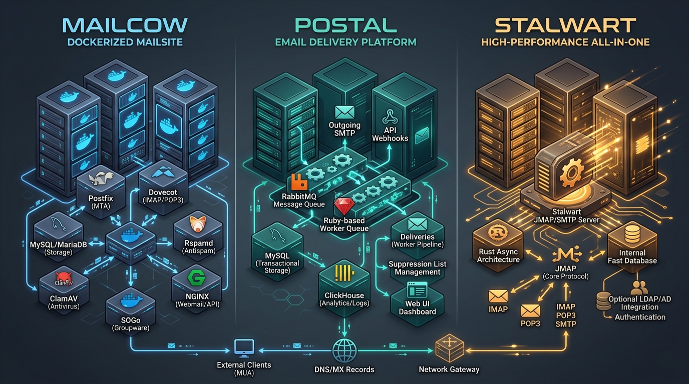 Mailcow vs Postal vs Stalwart Open Source Mail Server Architecture 2027