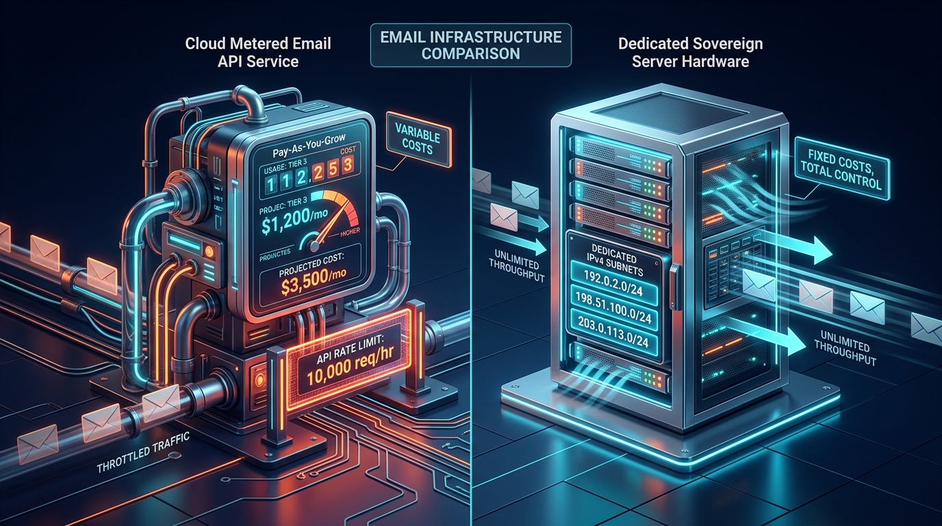 Cloud metered email API service with rate limits vs dedicated sovereign server hardware with IPv4 subnets