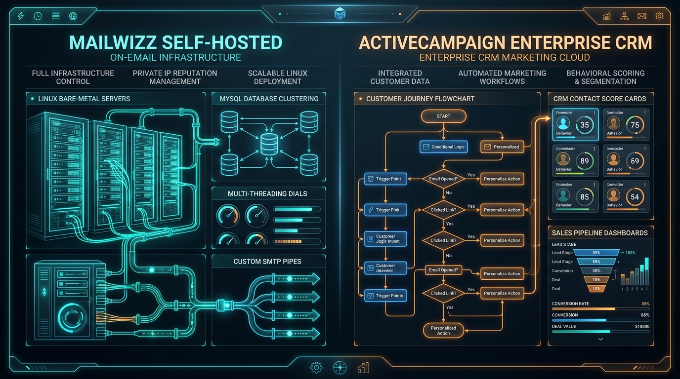 MailWizz vs ActiveCampaign comparison diagram showing self-hosted email infrastructure vs cloud marketing CRM automation