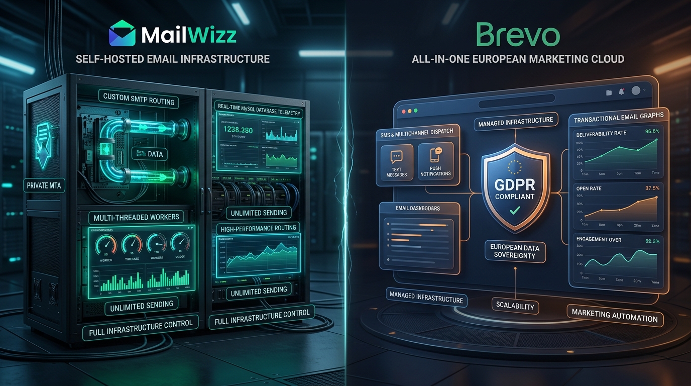 MailWizz vs Brevo comparison diagram showing self-hosted email infrastructure vs European SaaS marketing cloud
