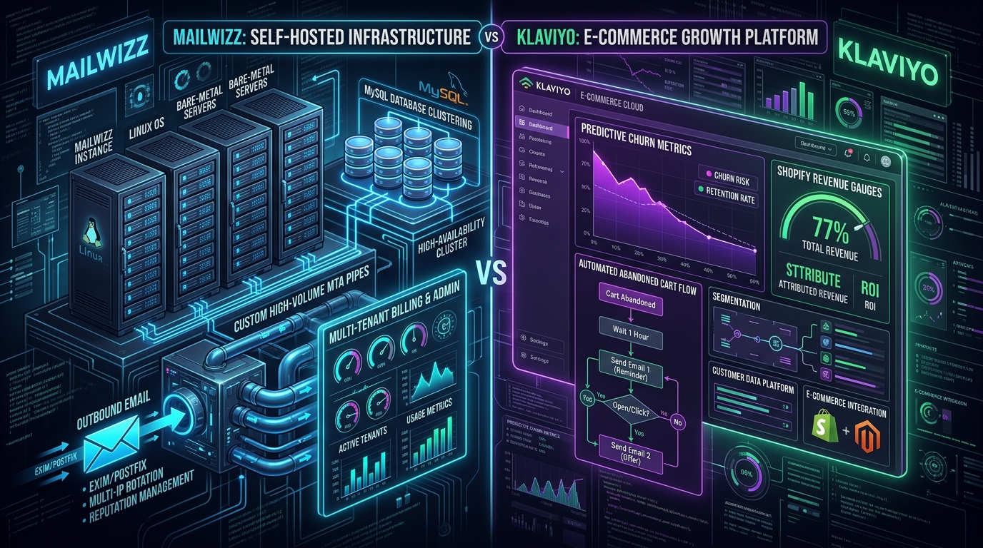 MailWizz vs Klaviyo comparison diagram showing self-hosted email infrastructure vs e-commerce marketing platform