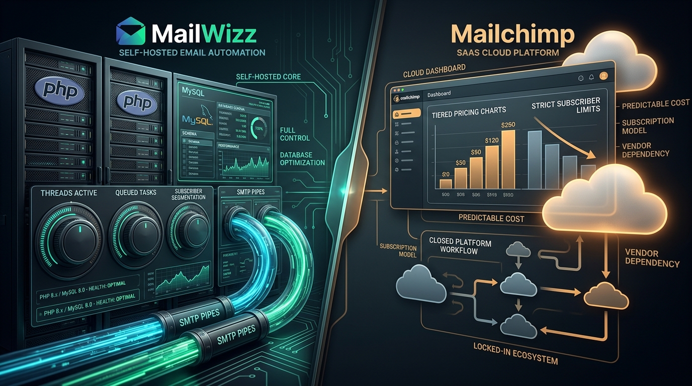 MailWizz vs Mailchimp comparison architecture diagram showing self-hosted email infrastructure vs cloud SaaS platform