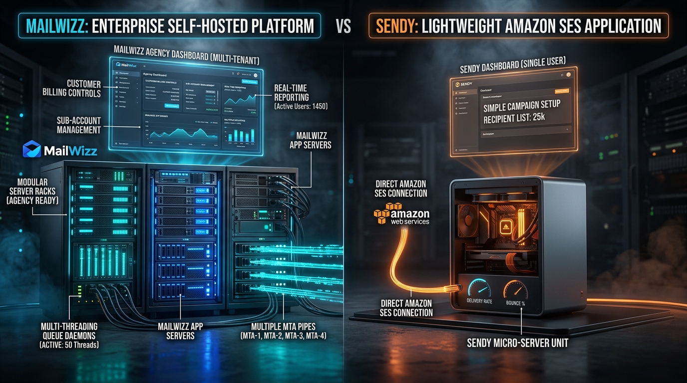 MailWizz vs Sendy comparison architecture diagram showing multi-server self-hosted email marketing platform vs lightweight Amazon SES wrapper