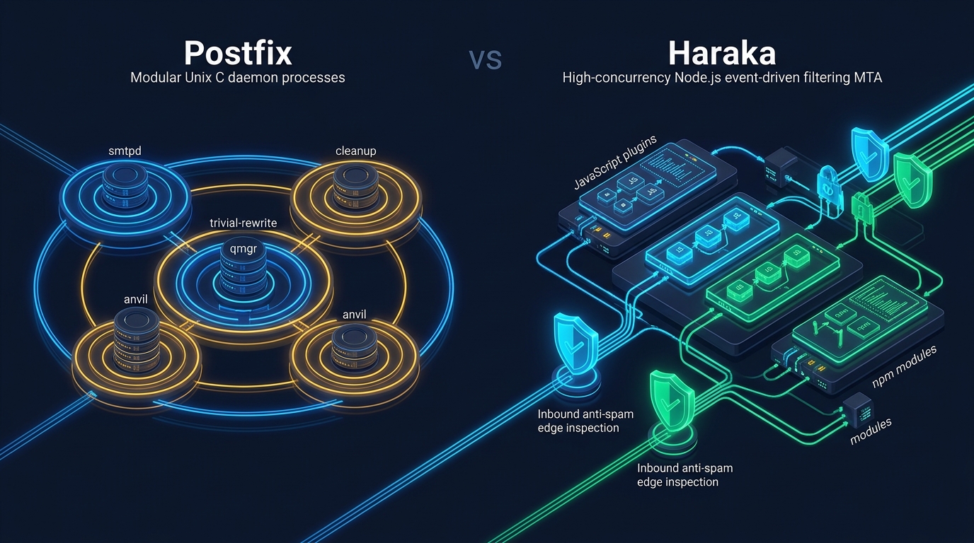 Postfix vs Haraka MTA architectural comparison banner showing modular C processes vs event-driven Node.js plugins
