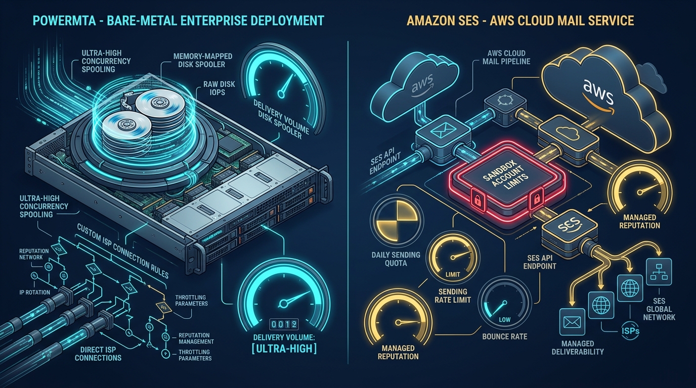 PowerMTA bare-metal enterprise deployment disk spooling vs Amazon SES AWS cloud mail sandbox limits