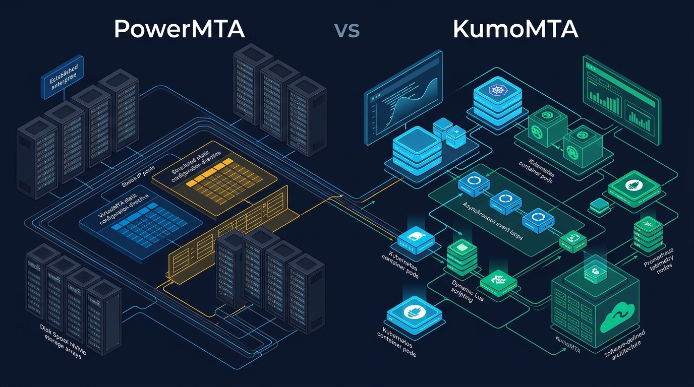 PowerMTA vs KumoMTA high-volume bulk email infrastructure architectural comparison banner