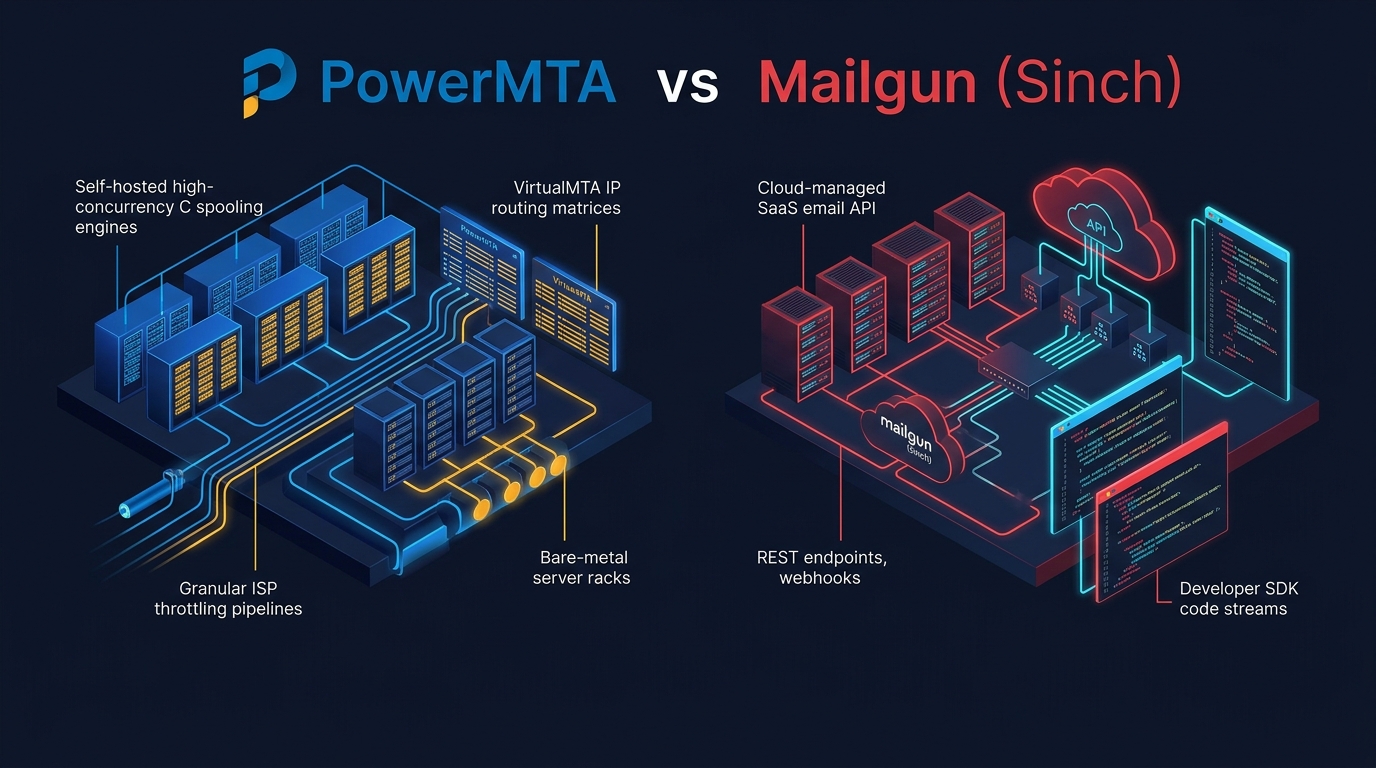 PowerMTA vs Mailgun high-volume email infrastructure comparison banner showing self-hosted MTA vs cloud API
