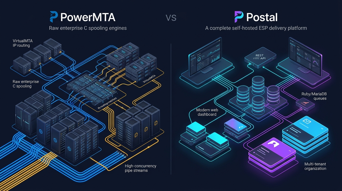 PowerMTA vs Postal email infrastructure comparison banner showing MTA engine vs full stack delivery platform