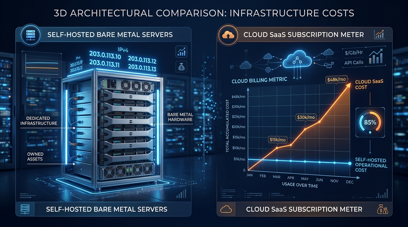 3D architectural comparison showing bare-metal server fixed costs vs cloud SaaS metered billing