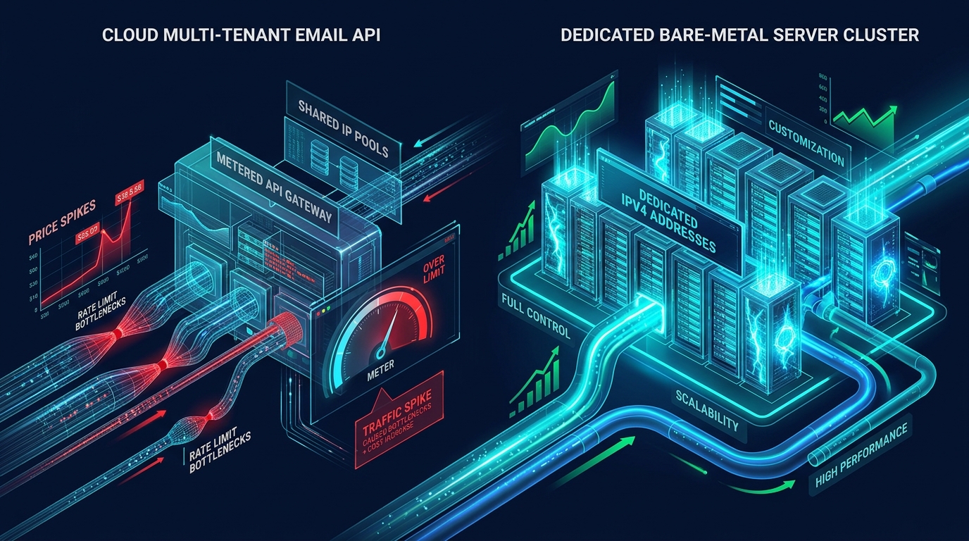 Cloud multi-tenant email API with metered bottlenecks vs dedicated bare-metal server cluster
